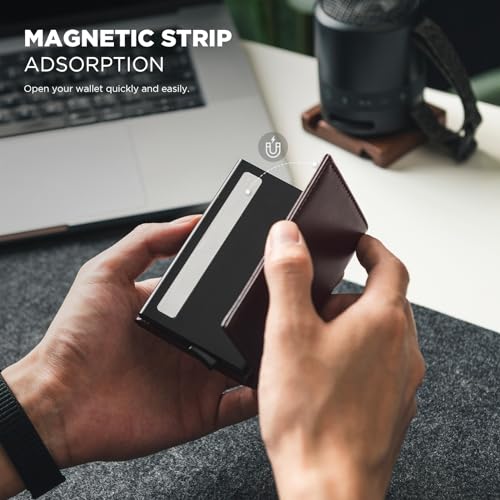 VULKIT Pop up Card Wallet Minimalist Cash Wallets RFID Blocking Leather Smart Credit Card Holder with ID window for Men - color: Top-Grain Cowhide Epresso