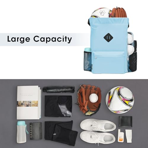 WANDF Drawstring Backpack with Shoe Compartment, Sports Gym Bag - color: L, Light Blue, size: Large
