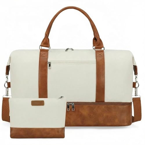 Women's Weekender bag Travel Duffel Bag with Shoe Compartment 21-inch Airline-Approved Carry-On, 2-Piece Overnight Bag Set Personal Item Luggage - color: D- BrownBeige