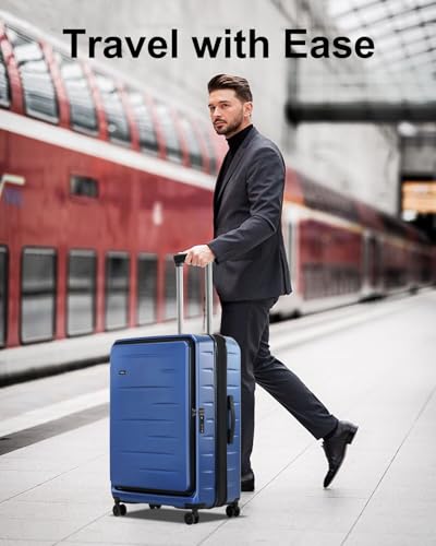 CENSIEN Expandable Checked Luggage, 28 Inch Top Opening Trunk Suitcases - color: Navy Blue, size: 28 Inch EXT