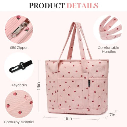 Large Canvas Tote Bag for Women, Beach Bag with Zipper, Utility Tote Bag with 3 Front Pockets, Weekender Pool Bag - color: Pink