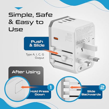 Ceptics Travel Adapter Worldwide, 70W GAN, 2 USB + 3 USB-C, Universal Input - color: White/Grey