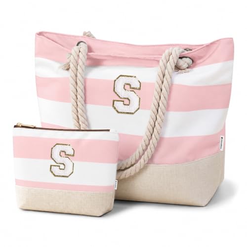 Vavabox Initial Beach Tote Bag for Women, Water-resistant Gifts for Women - color: Pink