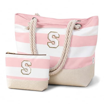 Vavabox Initial Beach Tote Bag for Women, Water-resistant Gifts for Women - color: Pink