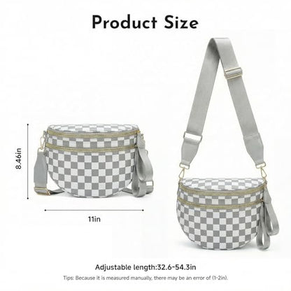 Checkered Crossbody Bags for Women Large Belt Bum Bag Nylon Fanny Packs with Adjustable Strap(Gray Checkered) - color: Gray Checkered