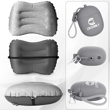 Crisonky Camping Pillow, Inflatable Pillow with 2-in-1 Air Pump Storage Bag - color: Grey