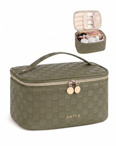Prite Makeup Bag Travel Cosmetic Case, Women Toiletry Bag, Checkered Green - color: Checkered Green