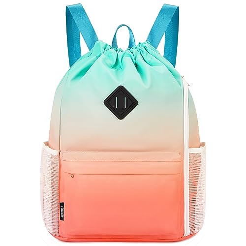 WANDF Drawstring Backpack with Shoe Compartment, Sports Gym Bag - color: L, Red-green Gradient, size: Large