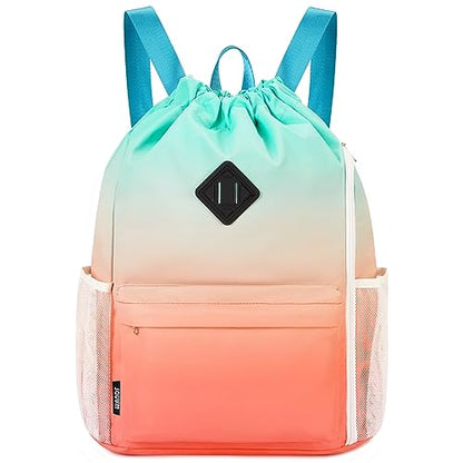 WANDF Drawstring Backpack with Shoe Compartment, Sports Gym Bag - color: L, Red-green Gradient, size: Large
