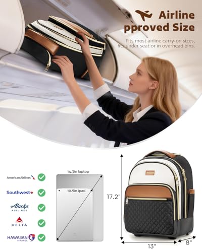 Arcoyard Rolling Backpack for Women, 15.6 Inch Travel Backpack with Wheels - color: Black Beige Brown, size: 15.6-inch