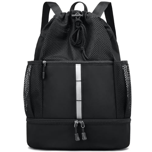 PinCute Drawstring Backpack for Men Women, Mesh Gym Bag for Beach - color: Black