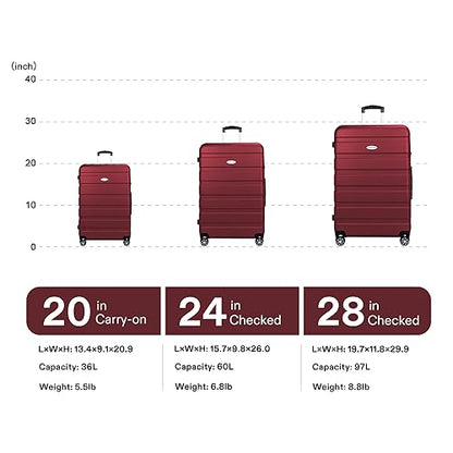 Luggage Sets Hardside Lightweight Suitcase with Spinner Wheels TSA Lock, 3-Piece Set (20/24/28) - color: Red