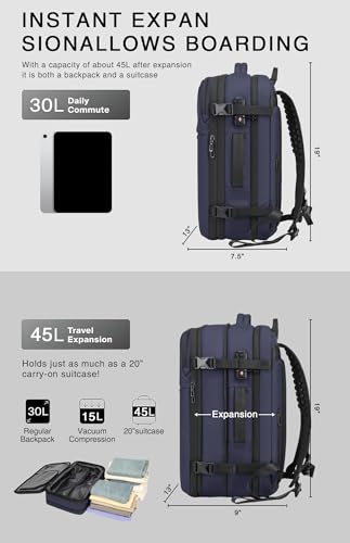 45L Travel Backpack with Vacuum Compression System Fits 16" Laptop | Expandable Carry On Backpack with Pump, Water Resistant, TSA Lock, Vacuum Backpack for Travel & Business - color: Blue