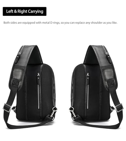 LANNSYNE Full Grain Leather Sling Bag For Men, Crossbody Bag fits 12.9" iPad Crossbody Chest Daypack - color: Black