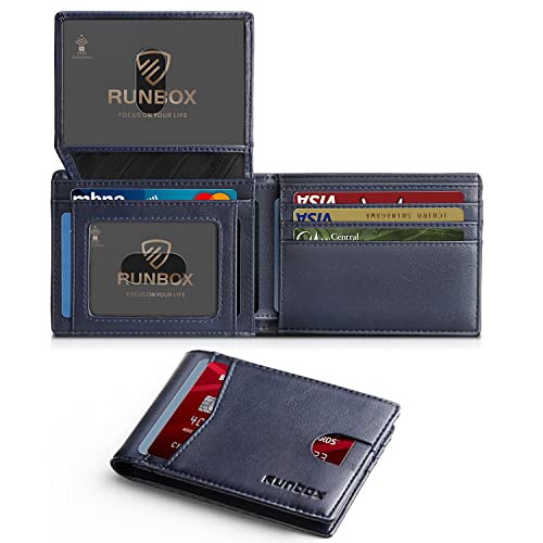 RUNBOX Wallet for Men -Slim Rfid Leather Mens Bifold Novelty Wallets 2 ID Window With Gift Box Men's Accessories - color: Classic blue-new
