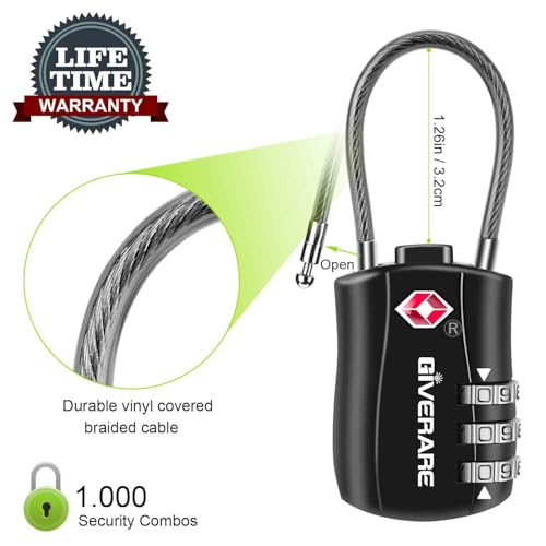 TSA Approved Luggage Locks, Combination Travel Cable Padlocks, Re-settable 3-Digit Lock, Weatherproof Keyless Padlock for Gym Locker, Golf Bag Case, Backpack, Gate, Hasp-Black - size: 1 Pack