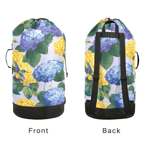 Blue Hydrangeas Hummingbirds Laundry Backpack Bag with Adjustable Shoulder Straps Handle Dirty Laundry Hamper Bag for Traveling Camp College Dorm Heavy Duty Waterproof Large Capacity - color: Blue Hydrangeas Hummingbirds