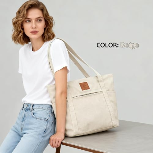 Light Canvas Shoulder Bag for Women Retro Bucket Tote - color: Beige