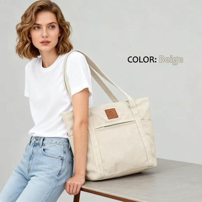 Light Canvas Shoulder Bag for Women Retro Bucket Tote - color: Beige
