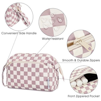 Narwey Travel Makeup Bag Toiletry Bag, Wide Open Cosmetic Bag for Women - color: C-Dusty Rose Checkerboard, size: Small