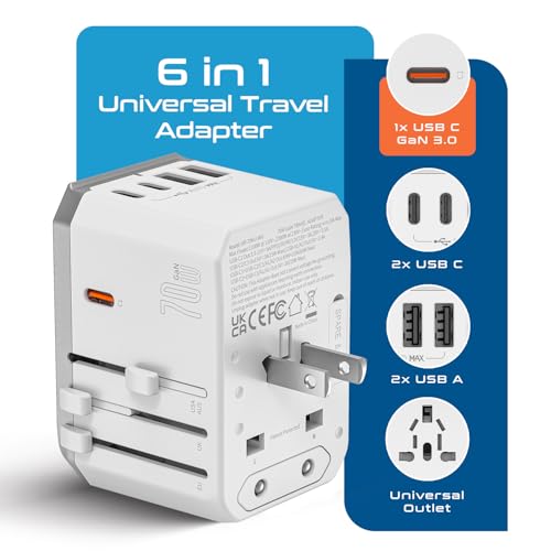 Ceptics Travel Adapter Worldwide, 70W GAN, 2 USB + 3 USB-C, Universal Input - color: White/Grey
