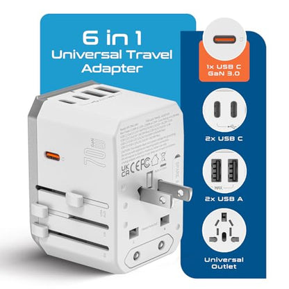 Ceptics Travel Adapter Worldwide, 70W GAN, 2 USB + 3 USB-C, Universal Input - color: White/Grey