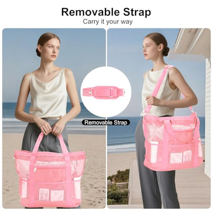 Mesh Beach Bags for Women - Plus Waterproof Sandproof Tote Bag - color: Pink With Top Zipper, size: Large