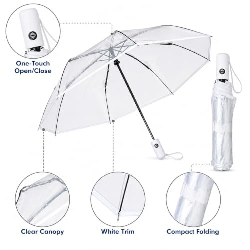 Full Automatic Folding Transparent Umbrella,Lightweight Clear Canopy,Waterproof,Strong Compact Windproof Umbrella for Golf,Backpack and Travel, Weddding - color: Clear White