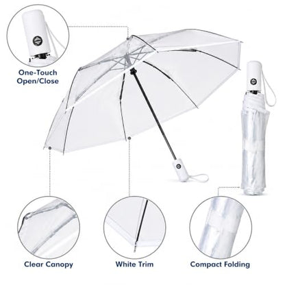 Full Automatic Folding Transparent Umbrella,Lightweight Clear Canopy,Waterproof,Strong Compact Windproof Umbrella for Golf,Backpack and Travel, Weddding - color: Clear White