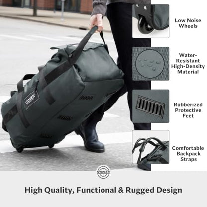 STOVER 45/80/100L Rolling Duffel Bag with Wheels, Large Durable Travel Duffle + Toiletry Bag, Heavy Duty, Packable, Foldable with Shoulder Straps- Use as Luggage or Backpack, Men/Women (Grey) - color: Grey