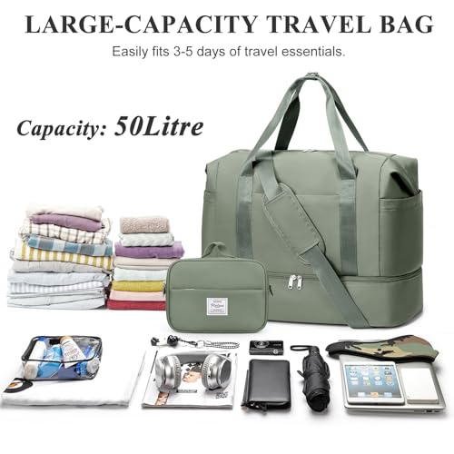 Travel Duffel Bag,Overnight Weekender Bags for Women with Shoe Compartment - color: Green
