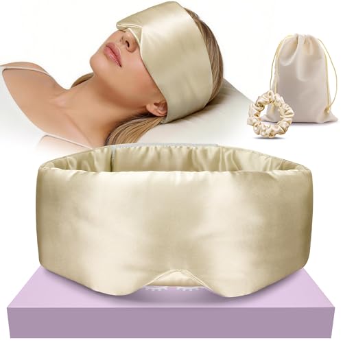 Silk Sleep Eye Mask & Hairband Set for Side Sleeper Women Men(Khaki) - color: Khaki