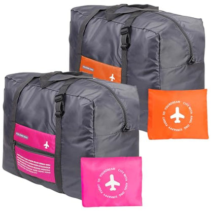 Foldable Travel Duffel Bag 2PCS Sports Gym Tote Water Resistant Carry on Luggage bag Weekender Overnight Bag (Pink+Orange)