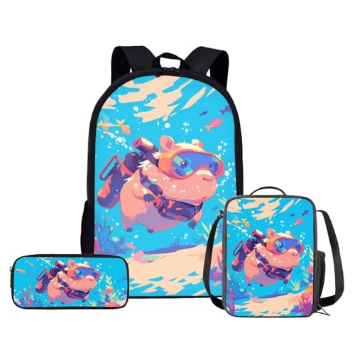 Capybara Dive Design Backpack with Lunch Box for Boys Girls Elementary & Middle School 3-in-1 Set, Durable Lightweight Bookbags for Kids Age 6-8 - color: Capybara Dive