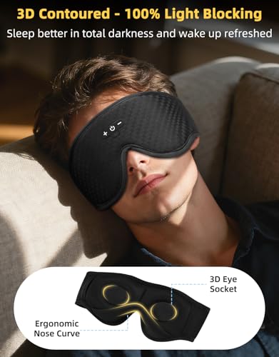 3D Contoured Adjustable Sleep Mask with Bluetooth Headphones, Blackout Sleeping Mask with 1-Hour Timer Sleeping Headphones with Thin Stereo Speakers for Men, Women