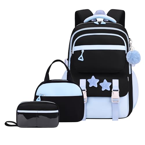 3Pcs Girls Backpack Set for Kids School Bag Bookbag with Star Pins - color: A008-3pcs Black+blue