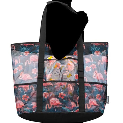 KABAQOO Mesh Beach Bag, Extra Large Beach Bags with 9 Pockets & Zipper Waterproof Lightweight Beach Tote for Beach/Pool Trip - color: Flamingo - Black, size: X-Large
