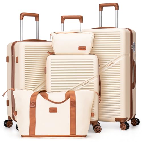 Cosbarn Luggage Sets, Durable 20,24,28 inch Suitcase Sets With Wheels | ABS Hardshell Sets Includes 20, 24&28inch Suitcase, Duffel, Toiletry Bags, TSA lock, Spinner Wheels,Checked Family Travel - color: Beige