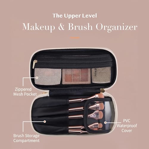 Double Layer Medium Capacity Portable Travel Makeup Bag Waterproof Organizer Women Easy Clean Convenient Carry On Cosmetic Storage - color: Cream White