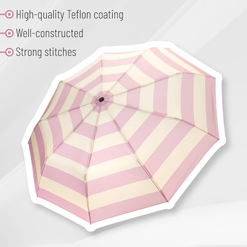 Mr. Pen- Windproof Travel Umbrella, Small Water-Resistant Automatic Folding Umbrella for Rain and Sun, Light, Compact and Portable for Women & Men, Fits Car & Backpack - color: Pink Stripes