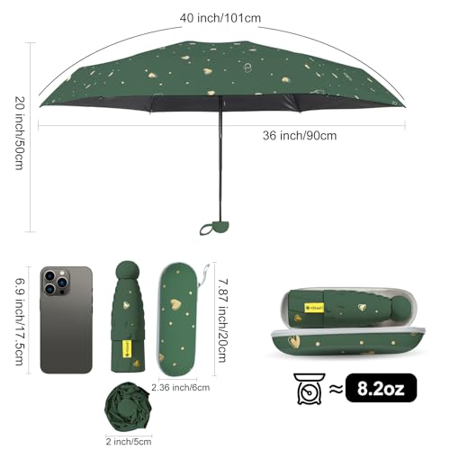Mini Travel Umbrella, UPF 50+ Purse Umbrella with Case and Carabiner - color: Dark green
