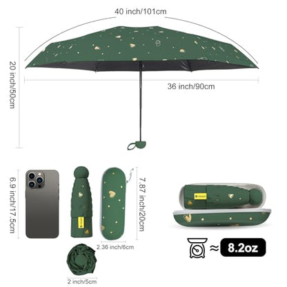 Mini Travel Umbrella, UPF 50+ Purse Umbrella with Case and Carabiner - color: Dark green