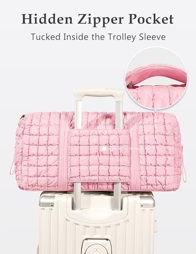 Quilted Travel Duffle Bag Puffer Weekender Bag Overnight Bag Duffel Gym Bag - color: Light Pink