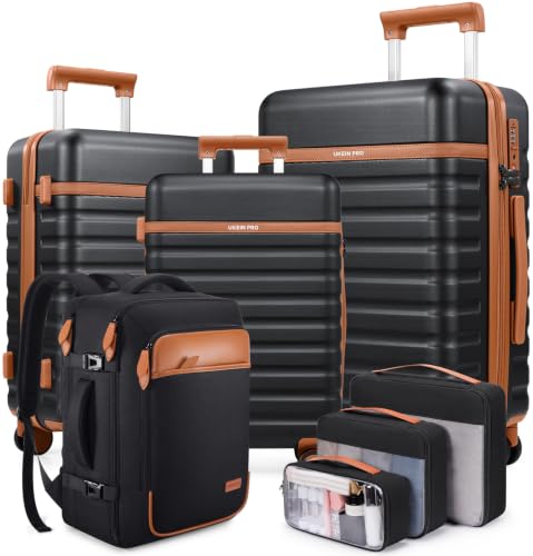 Luggage Sets 7 Piece,Hardside Large Checked Suitcase with Backpack Set - color: Black, size: 7-Piece Sets