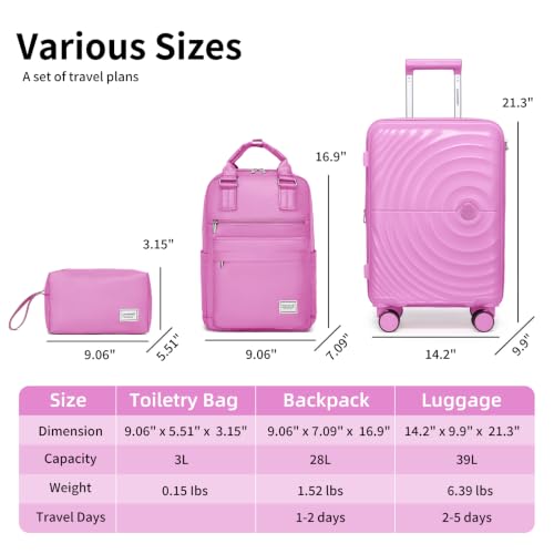 LARVENDER Expandable Carry On 3 Piece Luggage Set with Backpack 20 Inch - color: Berry, style: 3 Piece Sets
