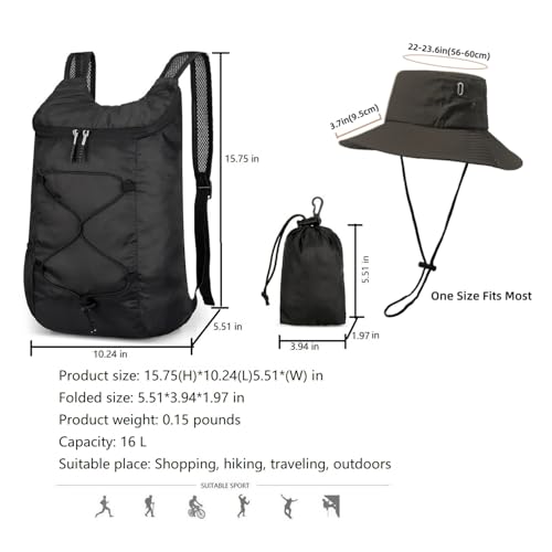 levayhill 16L Small Lightweight Foldable Backpack Sun Hats Travel, Black - color: Black