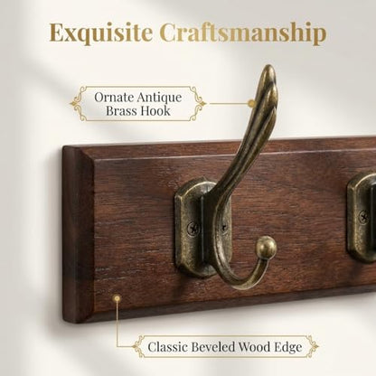 Wall Mounted Coat Rack with Solid Wood, 6 Bronze Metal Hooks – 23.22 Inch Rustic Brown Entryway Organizer for Hanging Coats, Hats, Jackets, Scarves, Bags, for Hallway, Bedroom, Bathroom（6Hooks） - size: Medium