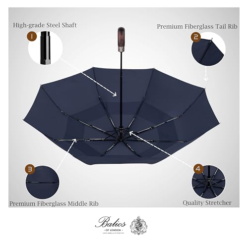 Balios Prestige 여행용 우산, 천연 나무 손잡이, 자동 개폐, 통풍식 방풍 더블 캐노피, 영국에서 디자인됨. - color: 다크 네이비.