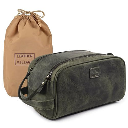 LEATHER VILLAGE Leather Toiletry Bag for Men, Travel Dopp Kit Shaving Bag - color: Olive