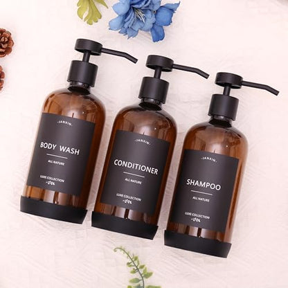 Shampoo and Conditioner Dispenser Set of 3 - color: Amber Bottles + Black Pumps